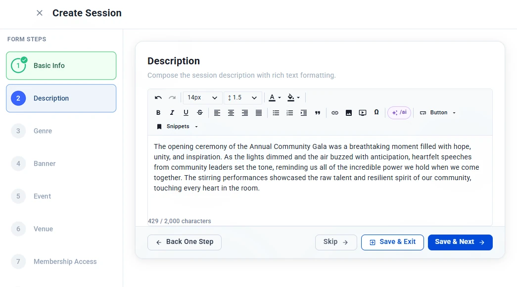 Description step of the session wizard with the rich text editor and a session description entered