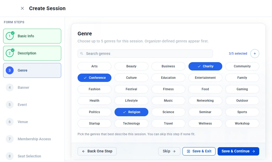 Genre step with a grid of genres and Charity, Conference and Religion selected