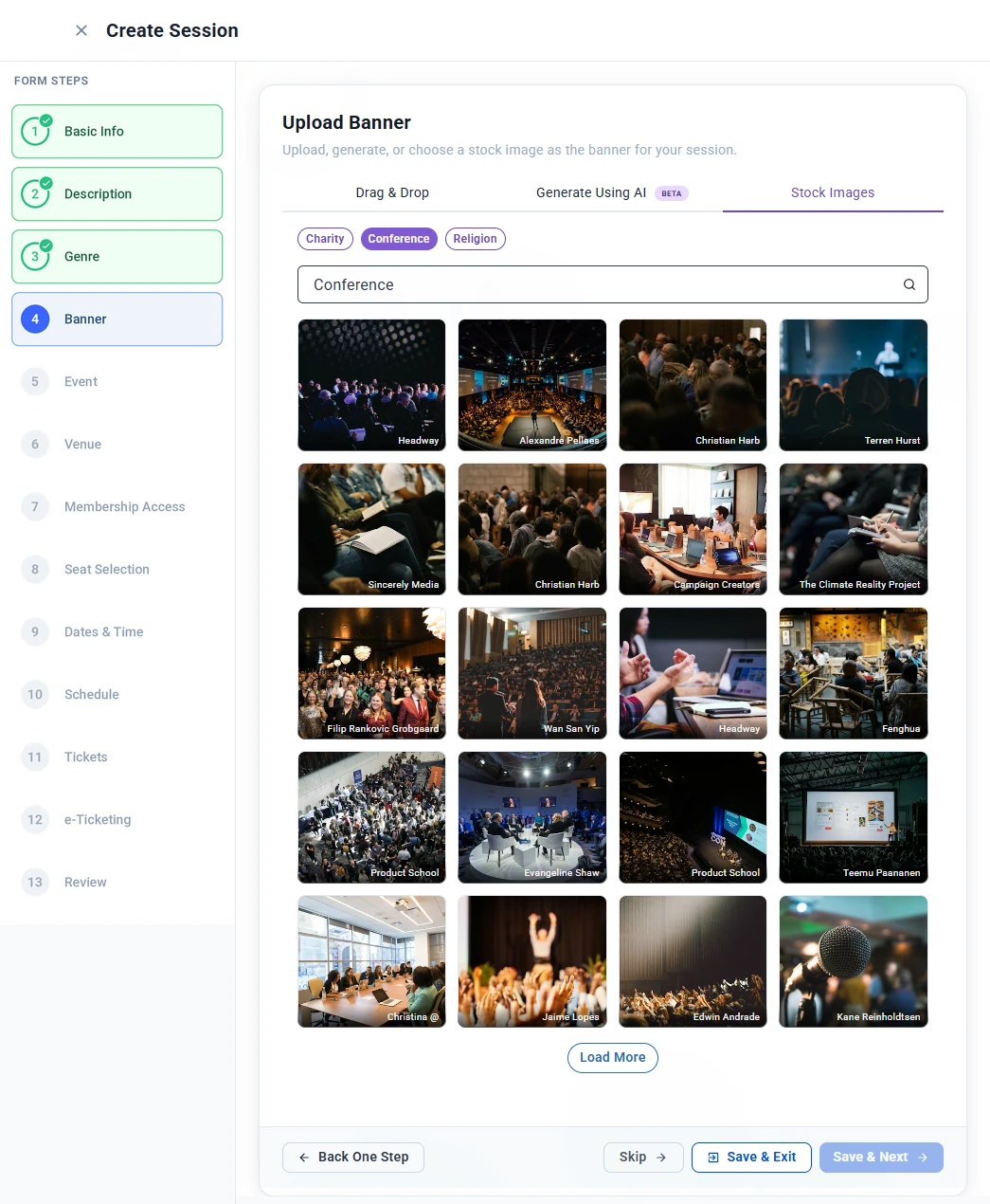 Upload Banner step on the Stock Images tab showing genre suggestions, a search box and a grid of conference photos