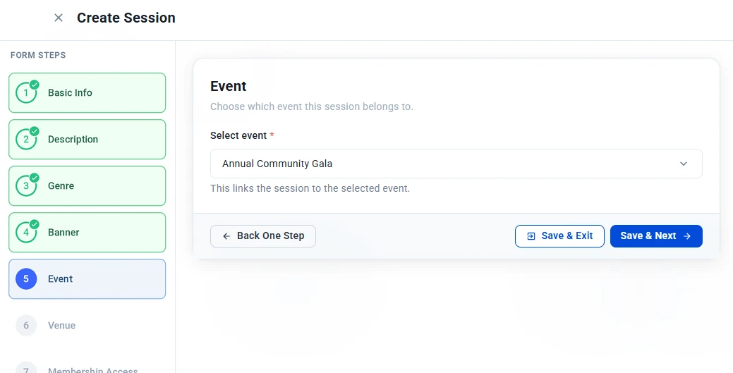 Event step with Annual Community Gala selected in the Select event dropdown