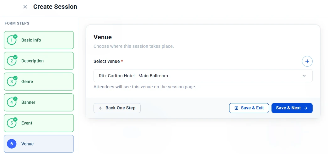 Venue step with Ritz Carlton Hotel Main Ballroom selected and the + button to add a venue