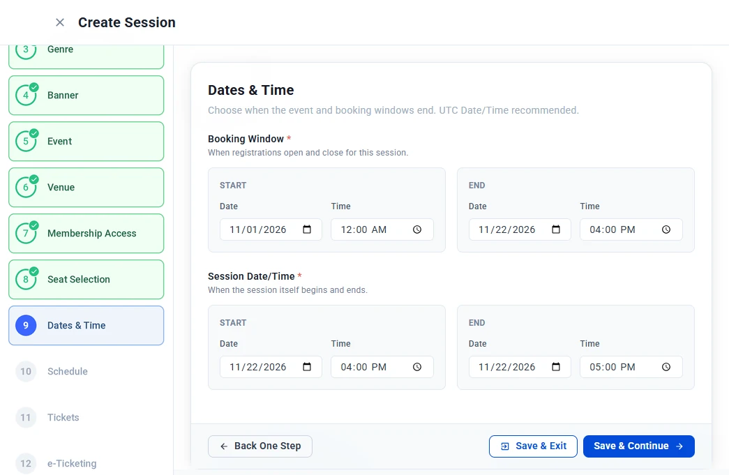 Dates and Time step with booking window from November 1 to November 22 at 4:00 PM and session time from 4:00 PM to 5:00 PM