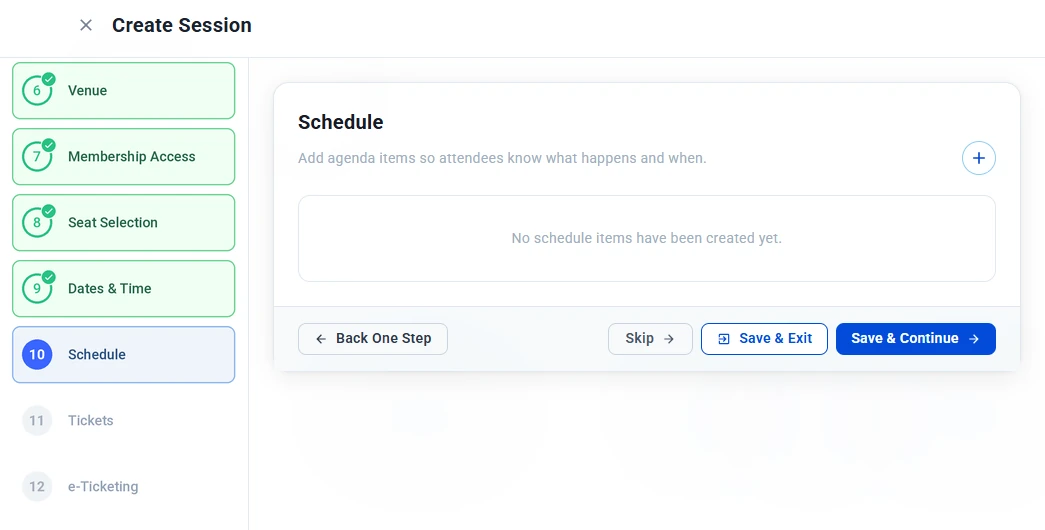 Schedule step with no schedule items yet and the + button to add one