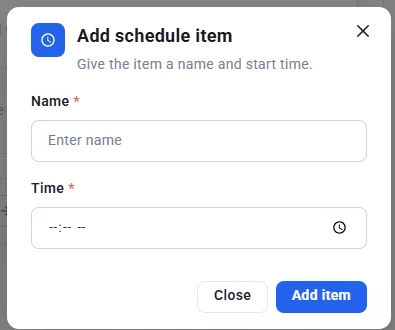 Add schedule item window with Name and Time fields and the Add item button