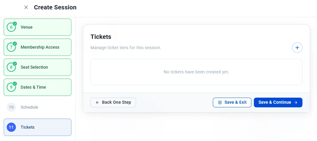 Tickets step with no tickets yet and the + button to add a ticket tier