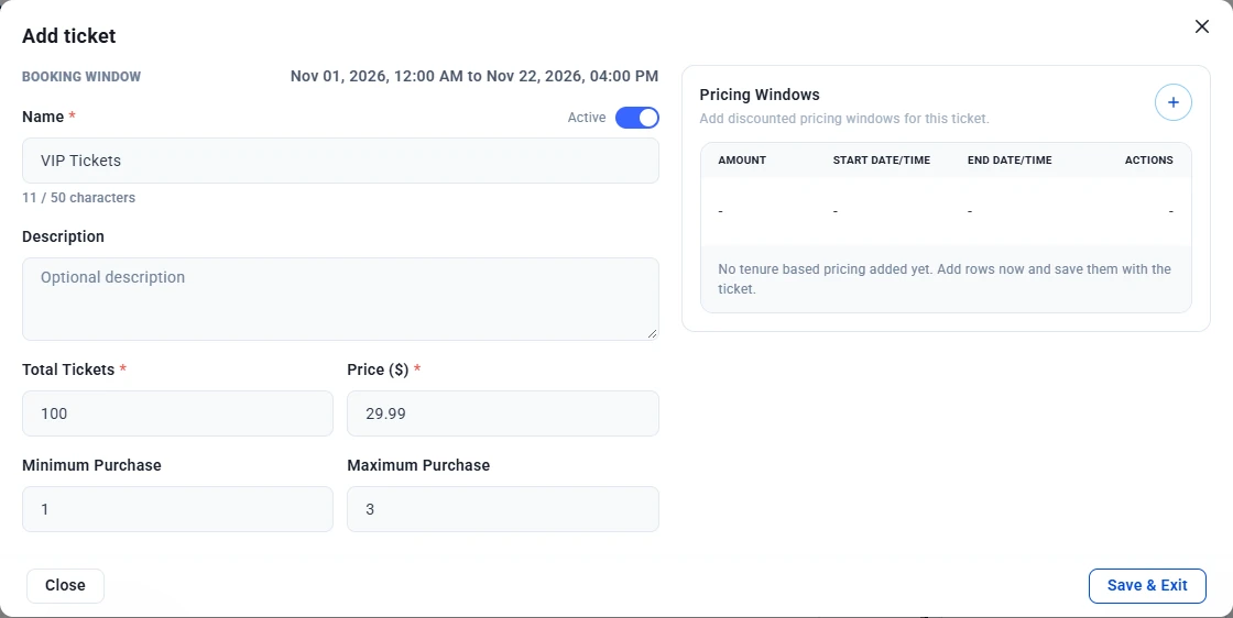 Add ticket window with name VIP Tickets, 100 total tickets, price 29.99, minimum 1 and maximum 3 per purchase, and the Pricing Windows section