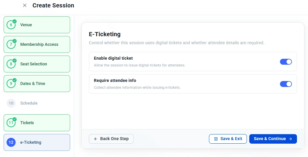 E-Ticketing step with Enable digital ticket and Require attendee info both turned on