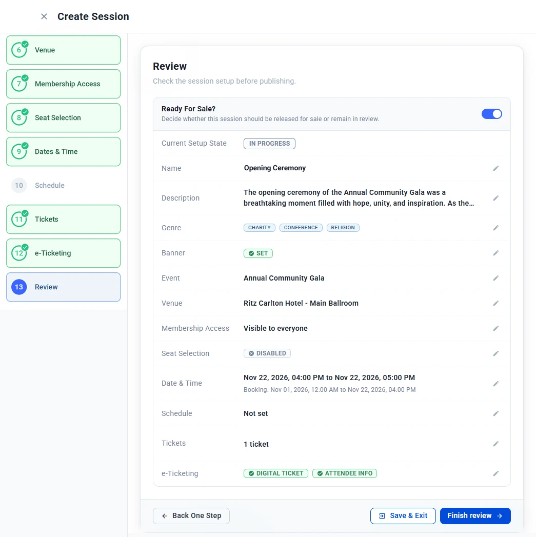 Review step showing the Ready For Sale toggle and a summary of every step with edit icons