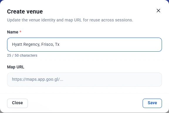 Create venue window with the venue name Hyatt Regency, Frisco, Tx entered and an empty Map URL field