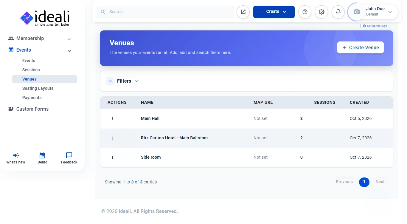 Venues page listing saved venues with their map URL, number of sessions and created date, and the Create Venue button